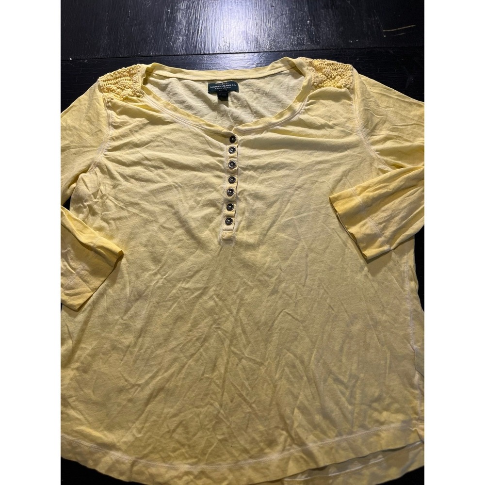 LRL Ralph Lauren Jeans Co Petite Yellow Crocheted Shoulder Henley Top